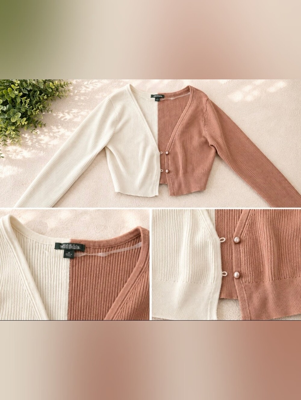 wild fable Two-Tone Ribbed V-Neck Cardigan - Cream & Dusty Rose